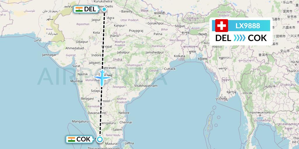 LX9888 Swiss Flight Map: Delhi to Cochin