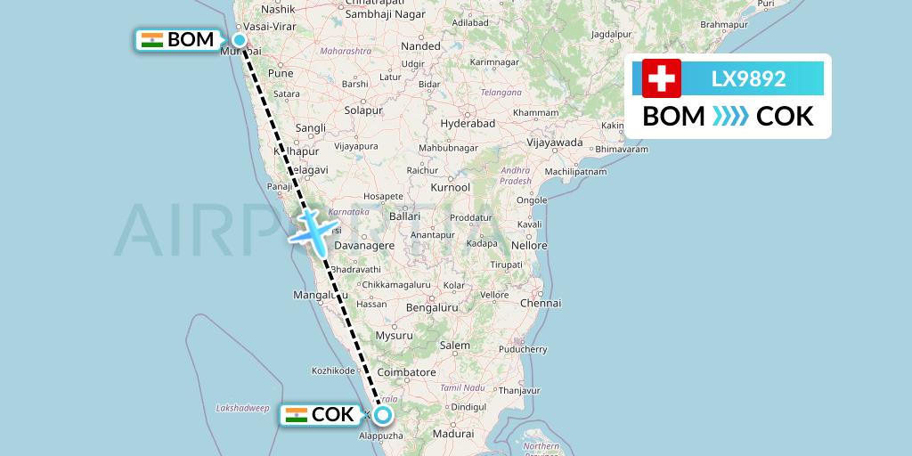 LX9892 Swiss Flight Map: Mumbai to Cochin