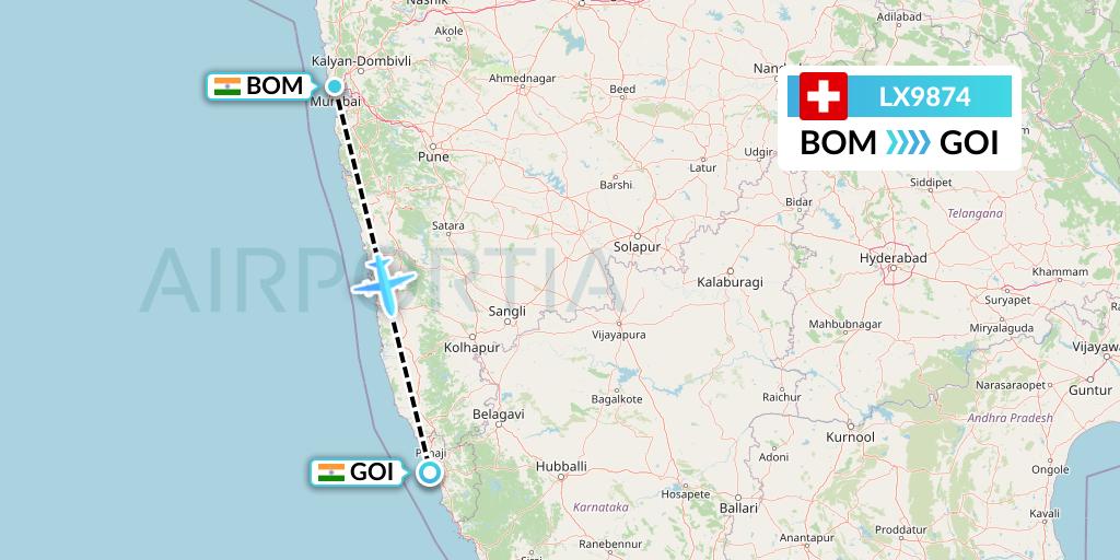LX9874 Swiss Flight Map: Mumbai to Goa