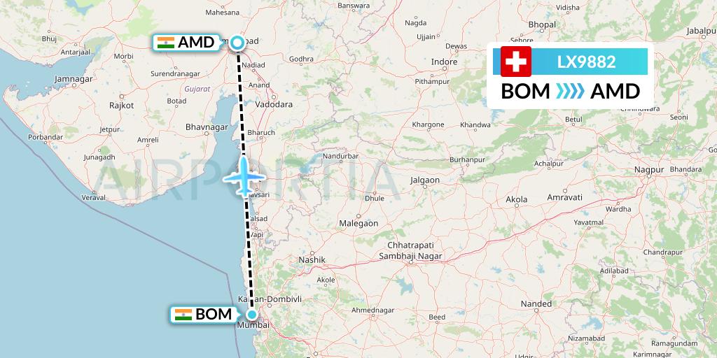 LX9882 Swiss Flight Map: Mumbai to Ahmedabad