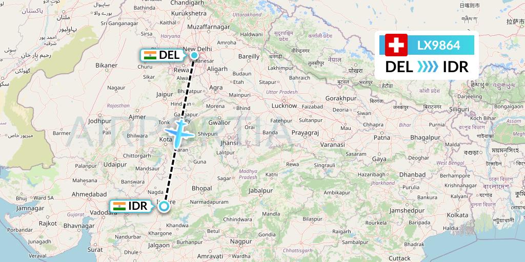 LX9864 Swiss Flight Map: Delhi to Indore