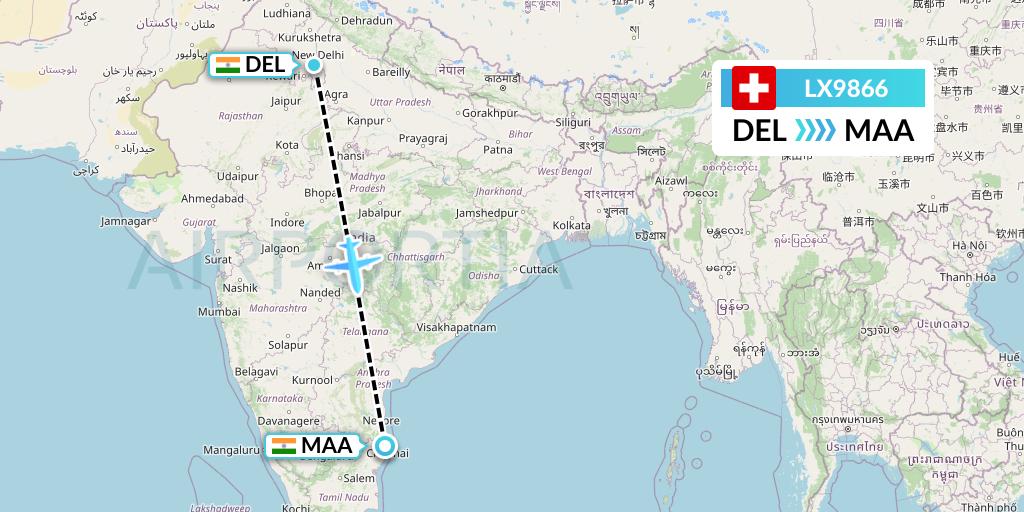 LX9866 Swiss Flight Map: Delhi to Chennai