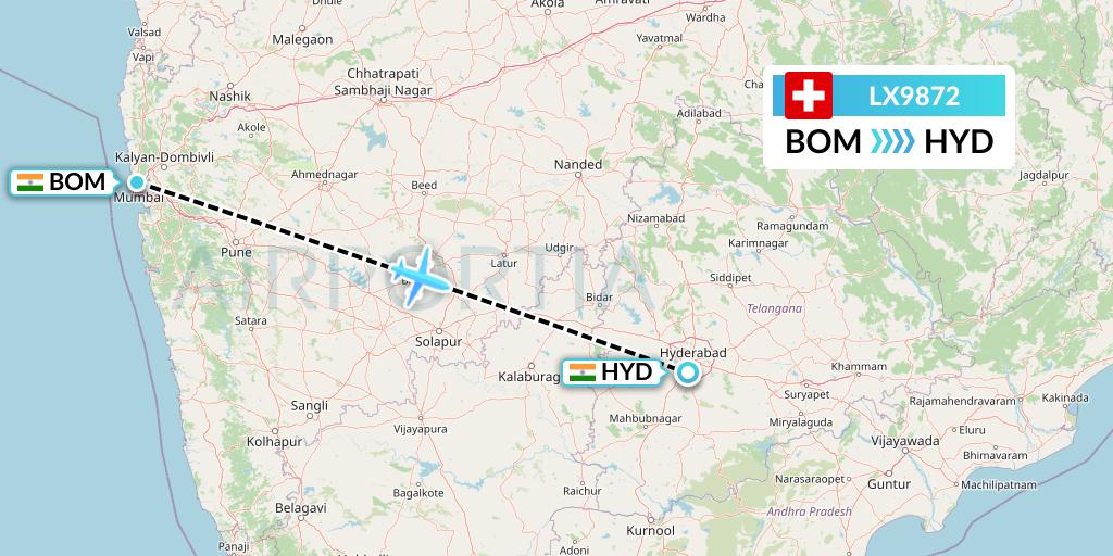 LX9872 Swiss Flight Map: Mumbai to Hyderabad