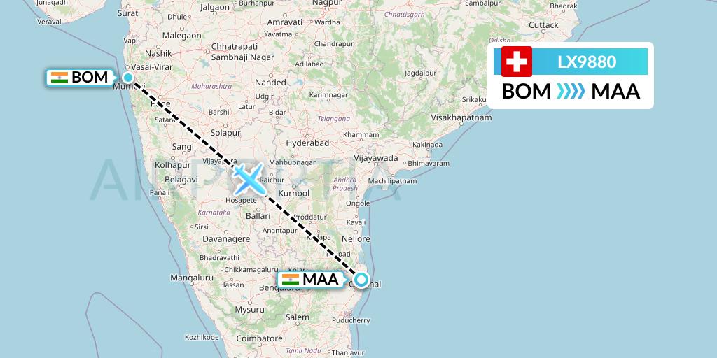 LX9880 Swiss Flight Map: Mumbai to Chennai
