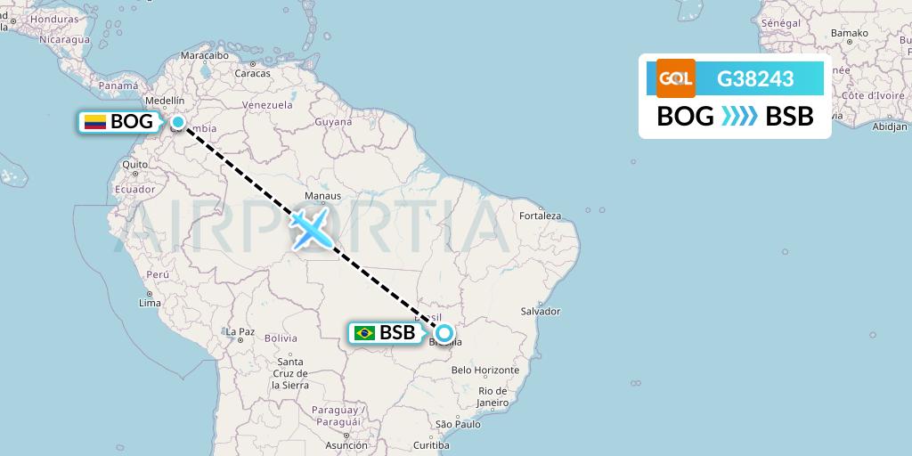 G38243 GOL Transportes Aeros Flight Map: Bogota to Brasilia