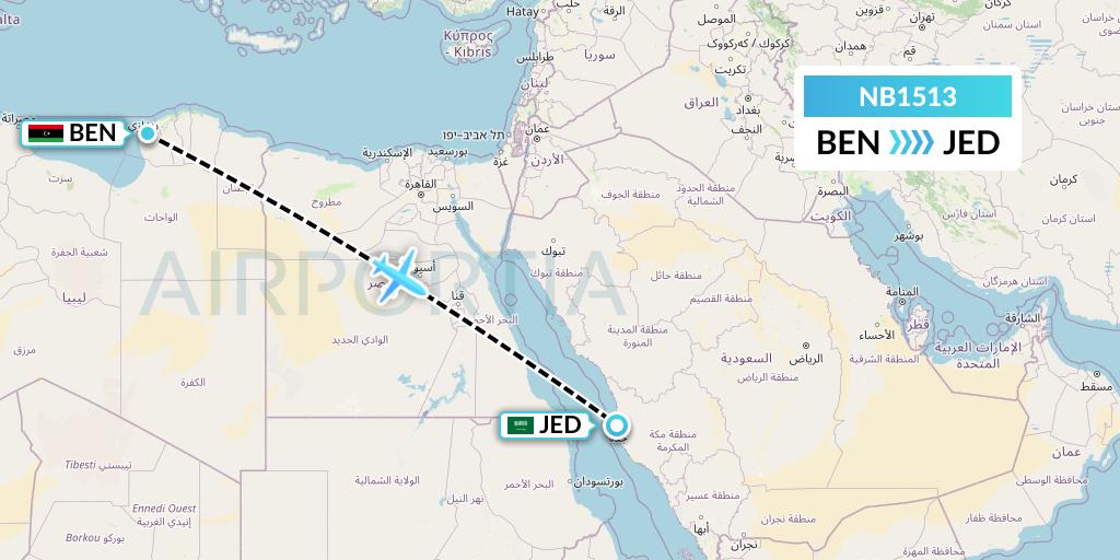 NB1513 Berniq Airways Flight Map: Benghazi to Jeddah