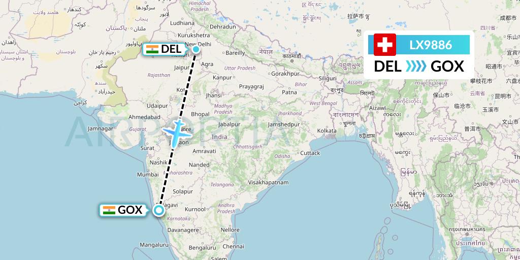 LX9886 Swiss Flight Map: Delhi to Goa