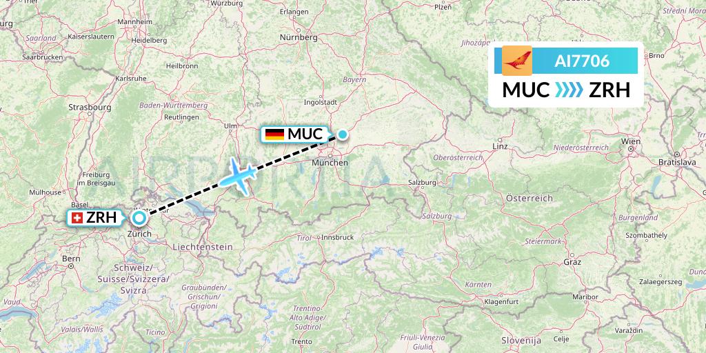 AI7706 Air India Flight Map: Munich to Zurich