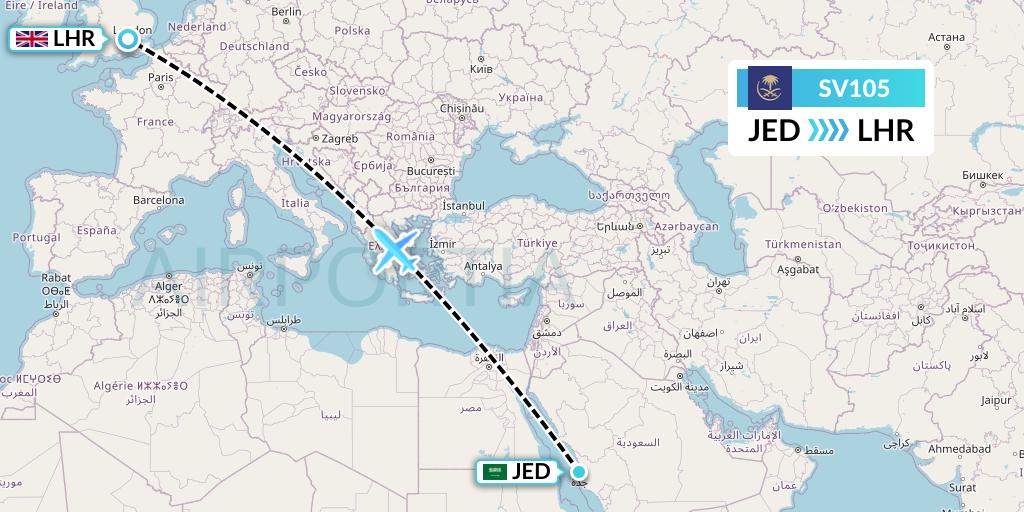 SV105 Saudi Arabian Airlines Flight Map: Jeddah to London