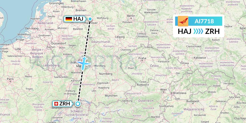 AI7718 Air India Flight Map: Hannover to Zurich