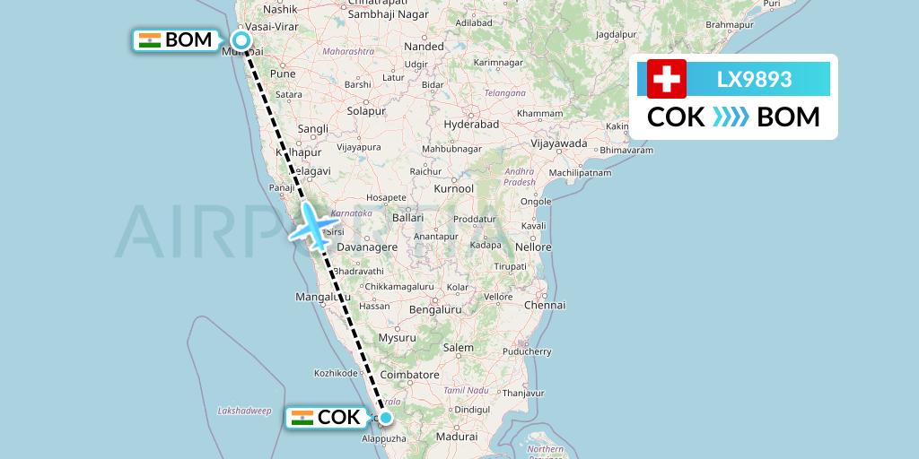 LX9893 Swiss Flight Map: Cochin to Mumbai