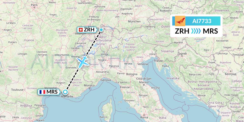 AI7733 Air India Flight Map: Zurich to Marseille