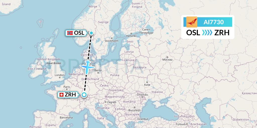 AI7730 Air India Flight Map: Oslo to Zurich