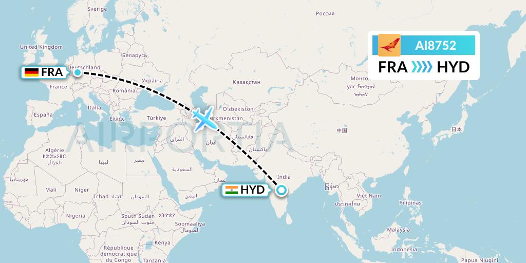 AI8752 Air India Flight Map: Frankfurt to Hyderabad