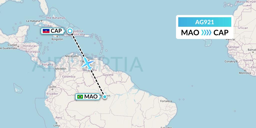 AG921 Aruba Airlines Flight Map: Manaus to Cap-Haitien