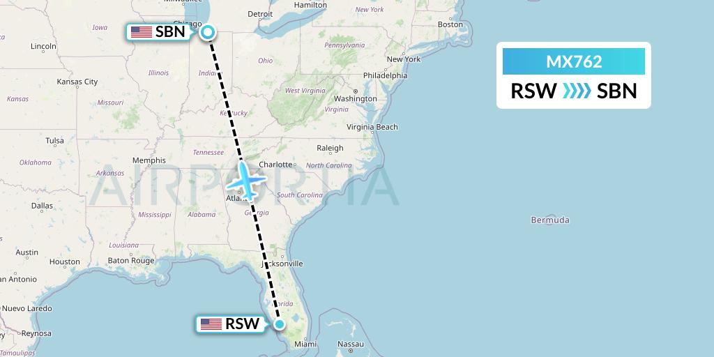 MX762 Breeze Airways Flight Map: Fort Myers to South Bend