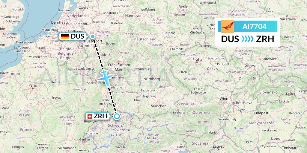 AI7704 Air India Flight Map: Dusseldorf to Zurich