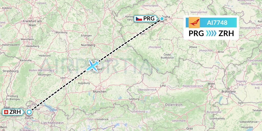 AI7748 Air India Flight Map: Prague to Zurich