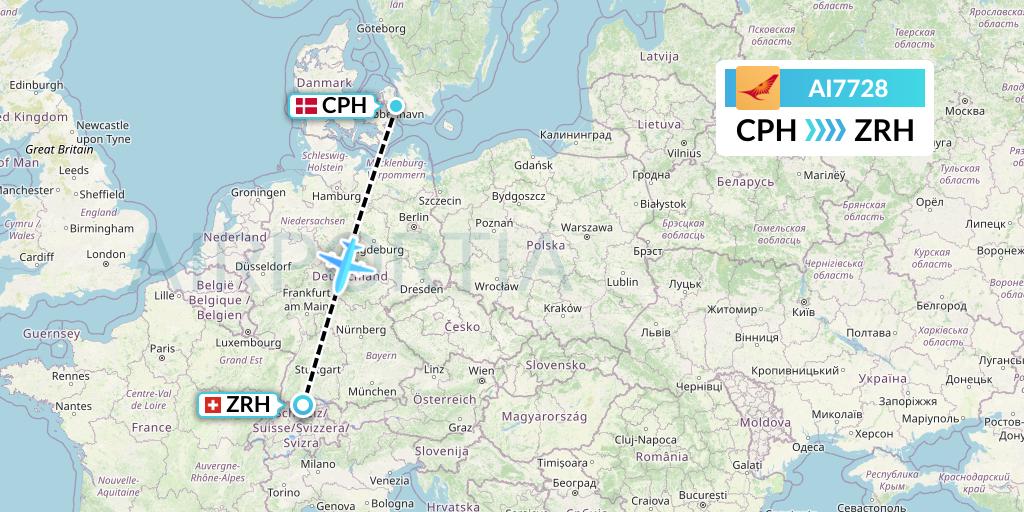 AI7728 Air India Flight Map: Copenhagen to Zurich