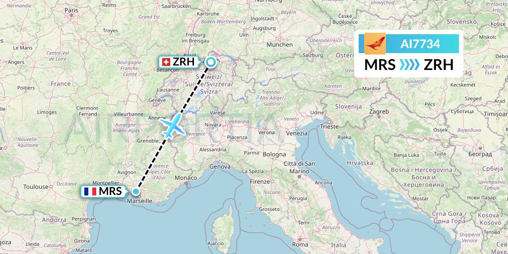 AI7734 Air India Flight Map: Marseille to Zurich