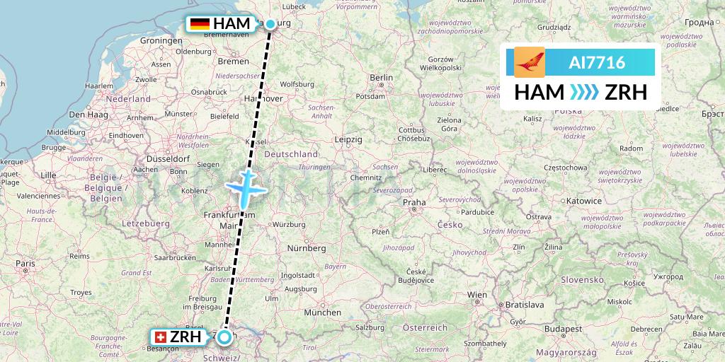 AI7716 Air India Flight Map: Hamburg to Zurich