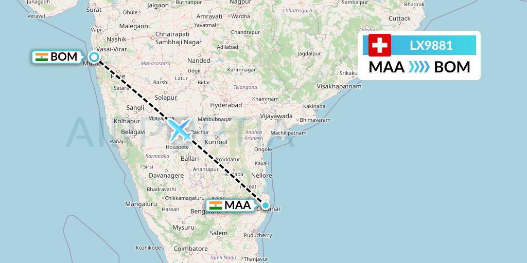 LX9881 Swiss Flight Map: Chennai to Mumbai