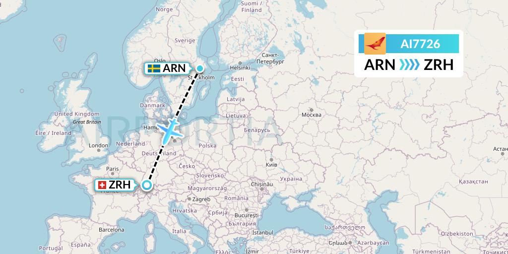 AI7726 Air India Flight Map: Stockholm to Zurich