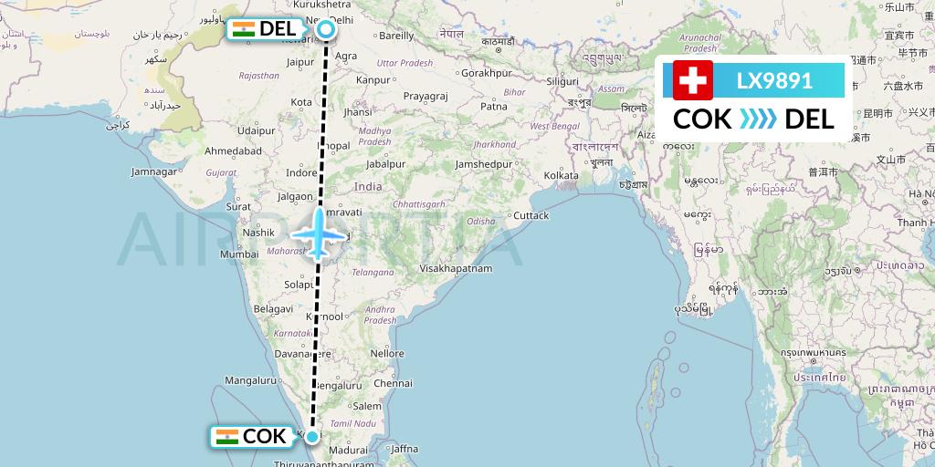 LX9891 Swiss Flight Map: Cochin to Delhi