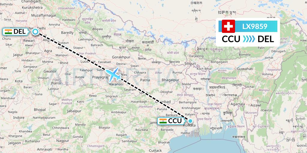 LX9859 Swiss Flight Map: Kolkata to Delhi