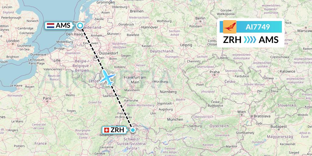 AI7749 Air India Flight Map: Zurich to Amsterdam