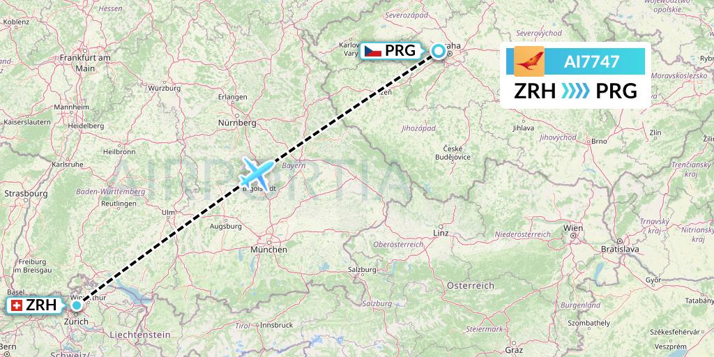 AI7747 Air India Flight Map: Zurich to Prague
