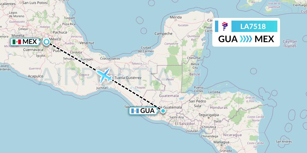 LA7518 LAN Airlines Flight Map: Guatemala City to Mexico City
