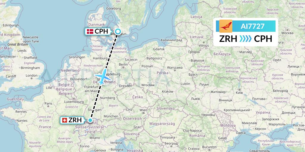 AI7727 Air India Flight Map: Zurich to Copenhagen
