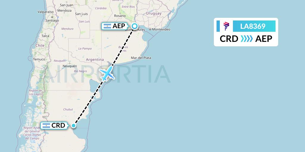 LA8369 LAN Airlines Flight Map: Comodoro Rivadavia to Buenos Aires