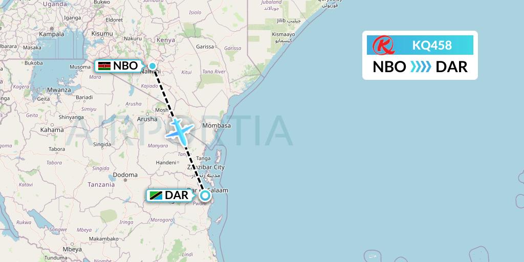 KQ458 Kenya Airways Flight Map: Nairobi to Dar-es-Salaam