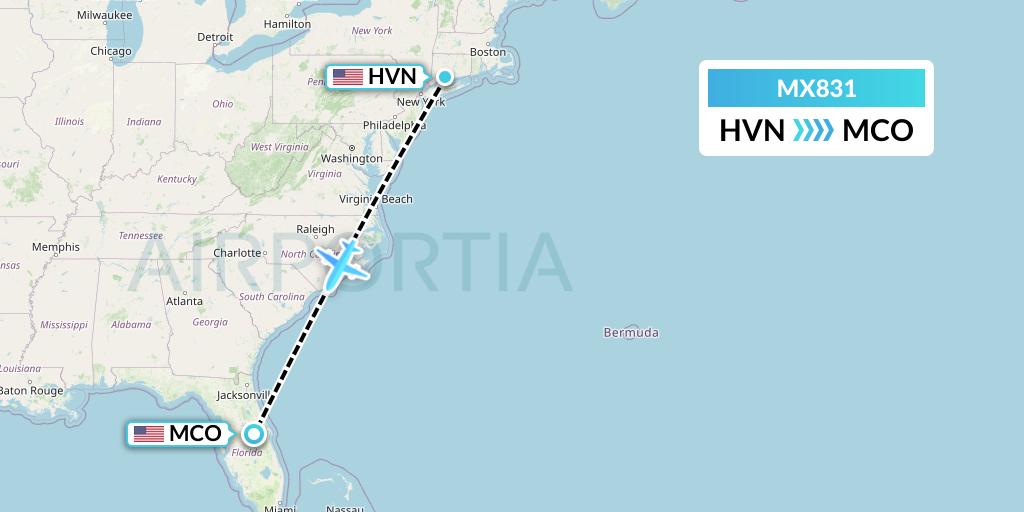 MX831 Breeze Airways Flight Map: New Haven to Orlando