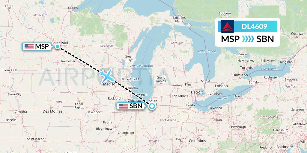 DL4609 Delta Air Lines Flight Map: Minneapolis to South Bend