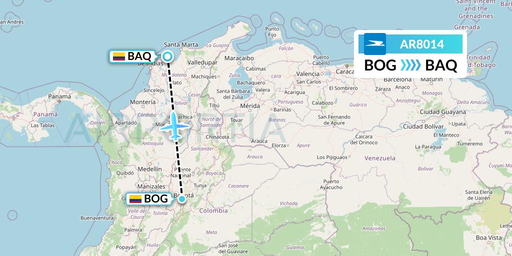 AR8014 Aerolineas Argentinas Flight Map: Bogota to Barranquilla