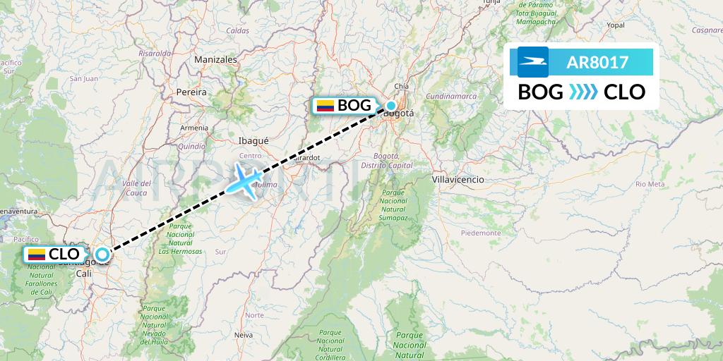 AR8017 Aerolineas Argentinas Flight Map: Bogota to Cali