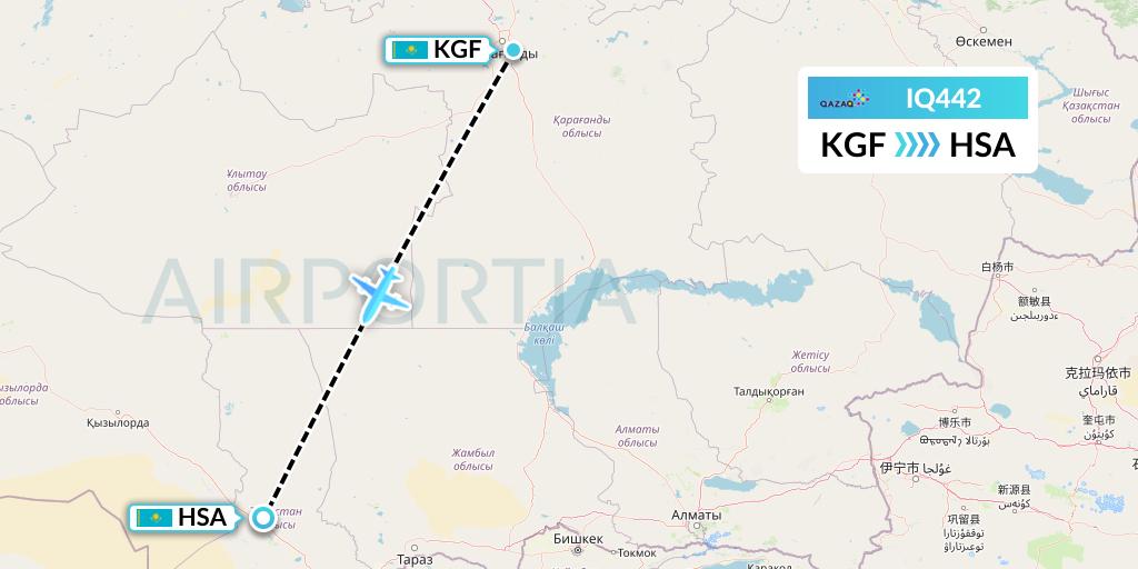 IQ442 Qazaq Air Flight Map: Karaganda to Shymkent