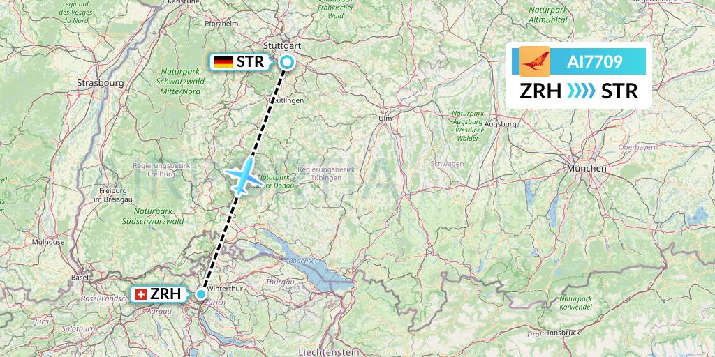 AI7709 Air India Flight Map: Zurich to Stuttgart