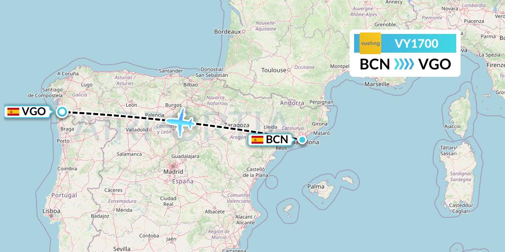 VY1700 Vueling Flight Map: Barcelona to Vigo