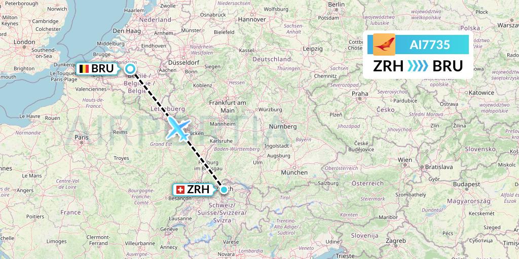 AI7735 Air India Flight Map: Zurich to Brussels
