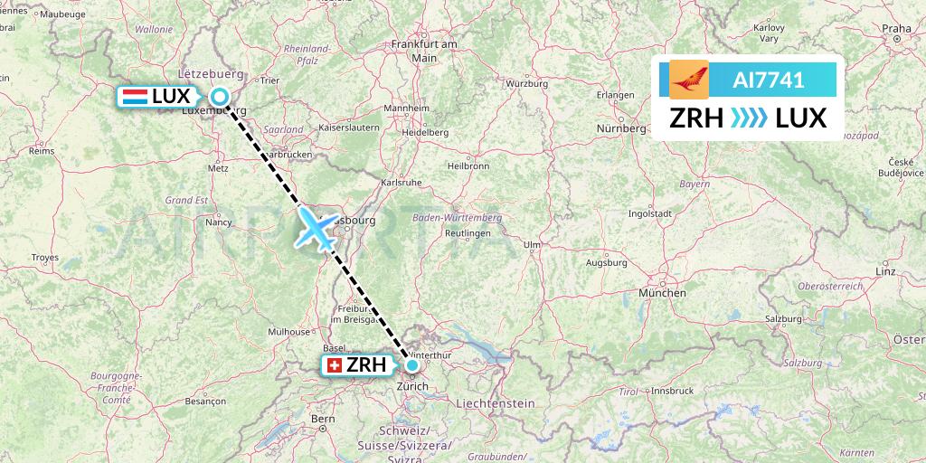AI7741 Air India Flight Map: Zurich to Luxembourg