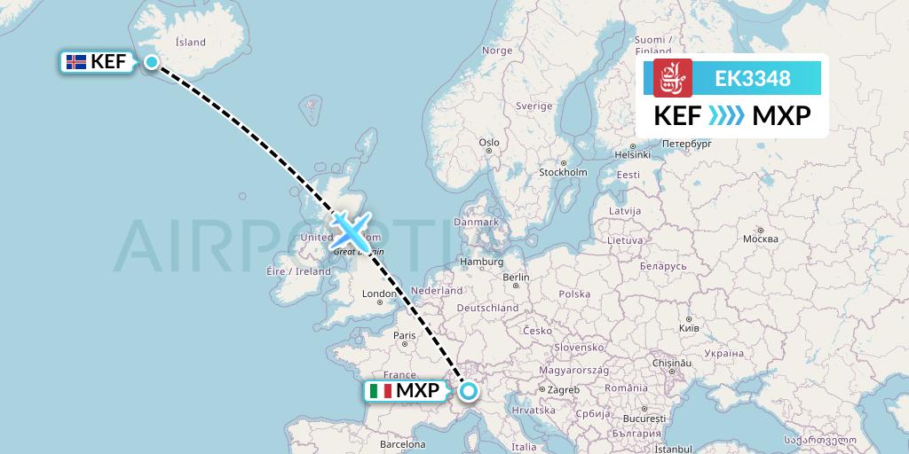 EK3348 Emirates Flight Map: Reykjavik to Milan