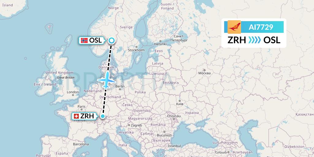 AI7729 Air India Flight Map: Zurich to Oslo