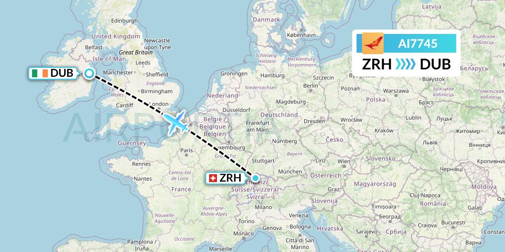 AI7745 Air India Flight Map: Zurich to Dublin