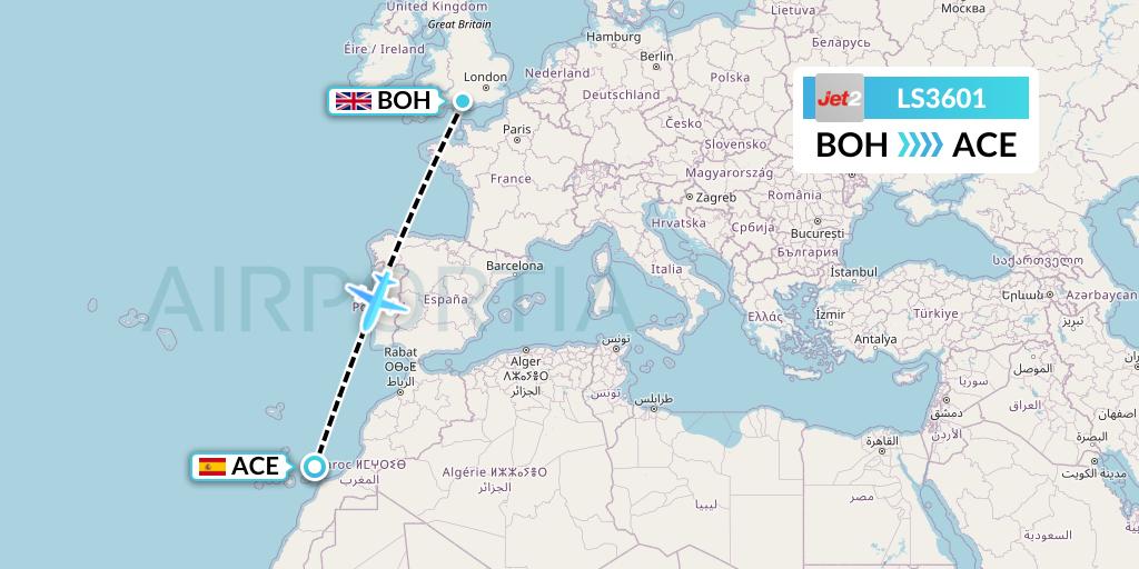 LS3601 Jet2 Flight Map: Bournemouth to Lanzarote