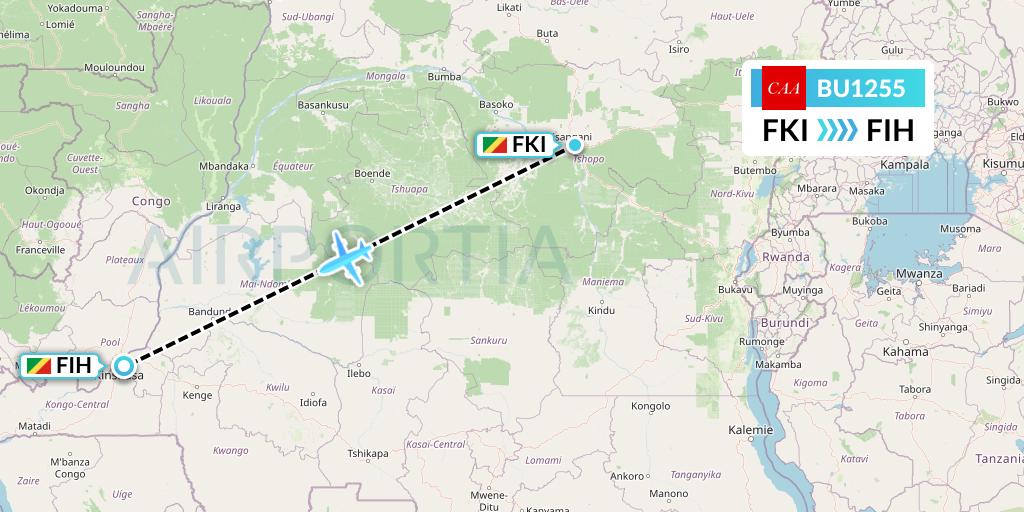BU1255 flyCAA Flight Map: Kisangani to Kinshasa