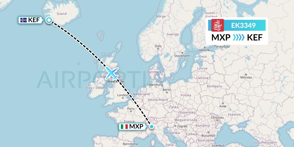 EK3349 Emirates Flight Map: Milan to Reykjavik